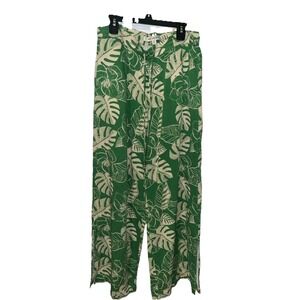 Revery Pants Womens Medium Green Floral Tropical Print Wide Leg Summer Vacation